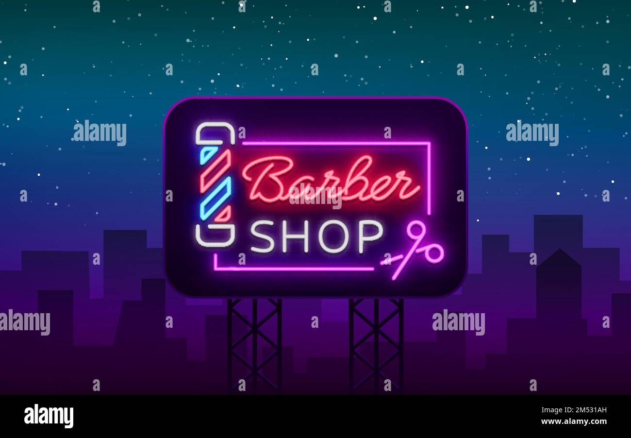 Barber shop logo neon sign, logo design elements. Can be used as a