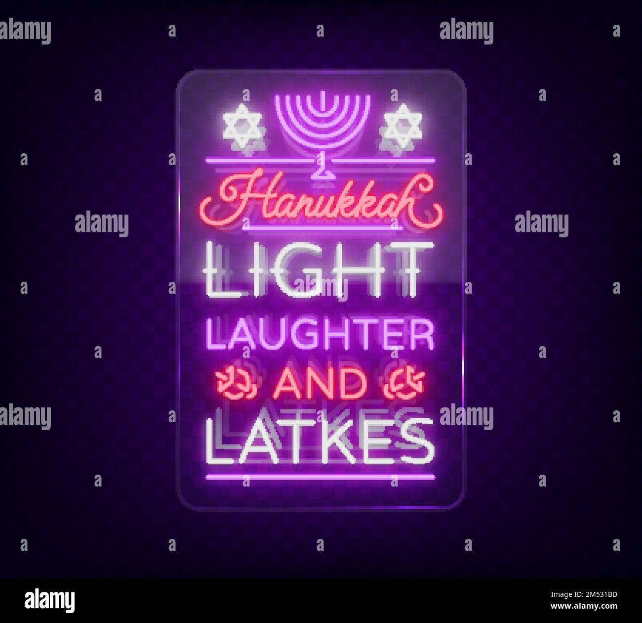 Happy Hanukkah, greeting card in a neon style. Vector illustration. Neon luminous text on the subject of Chanukah. Bright banner, luminous festive sig Stock Vector