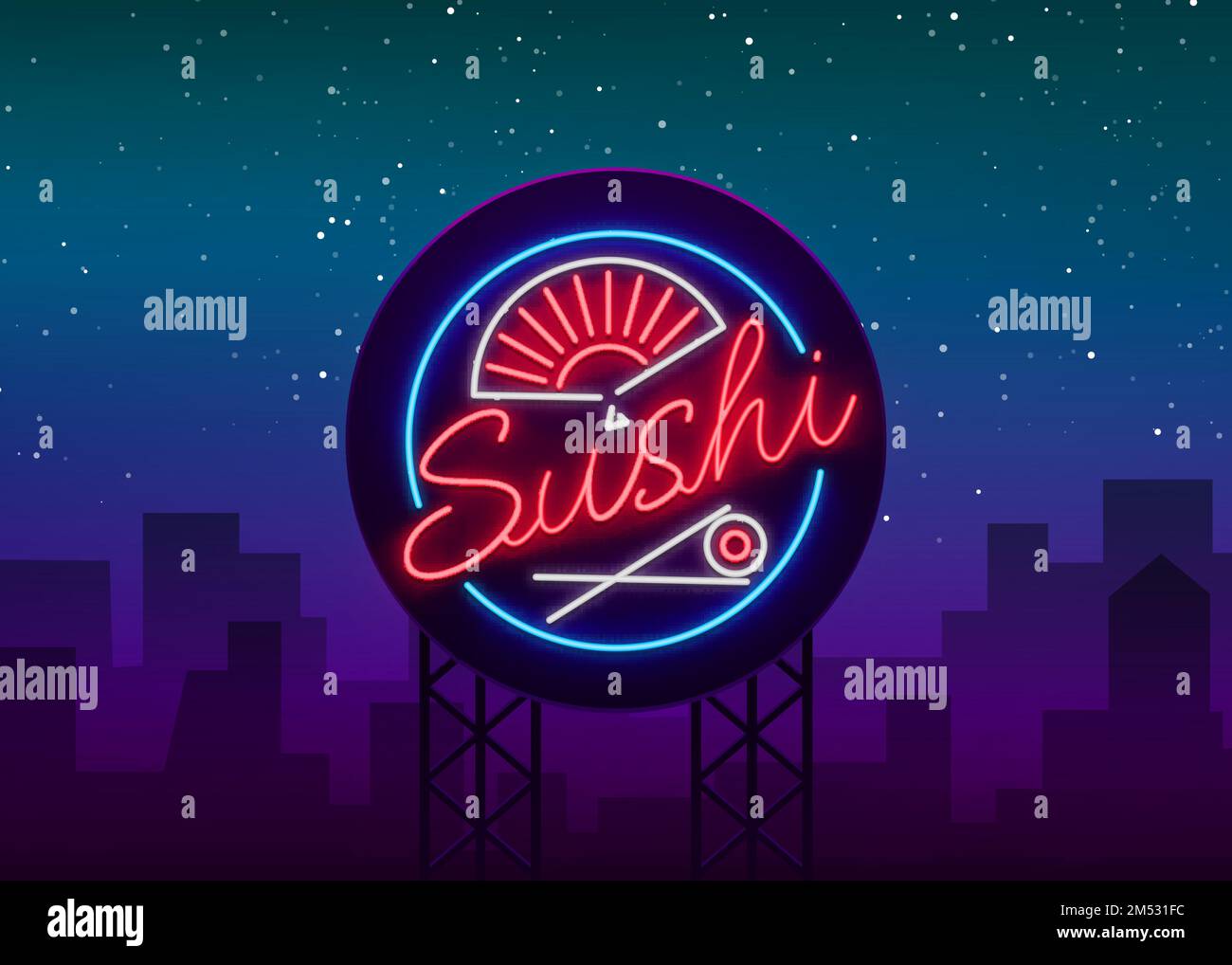 Sushi logo in neon style. Bright neon sign with text is isolated