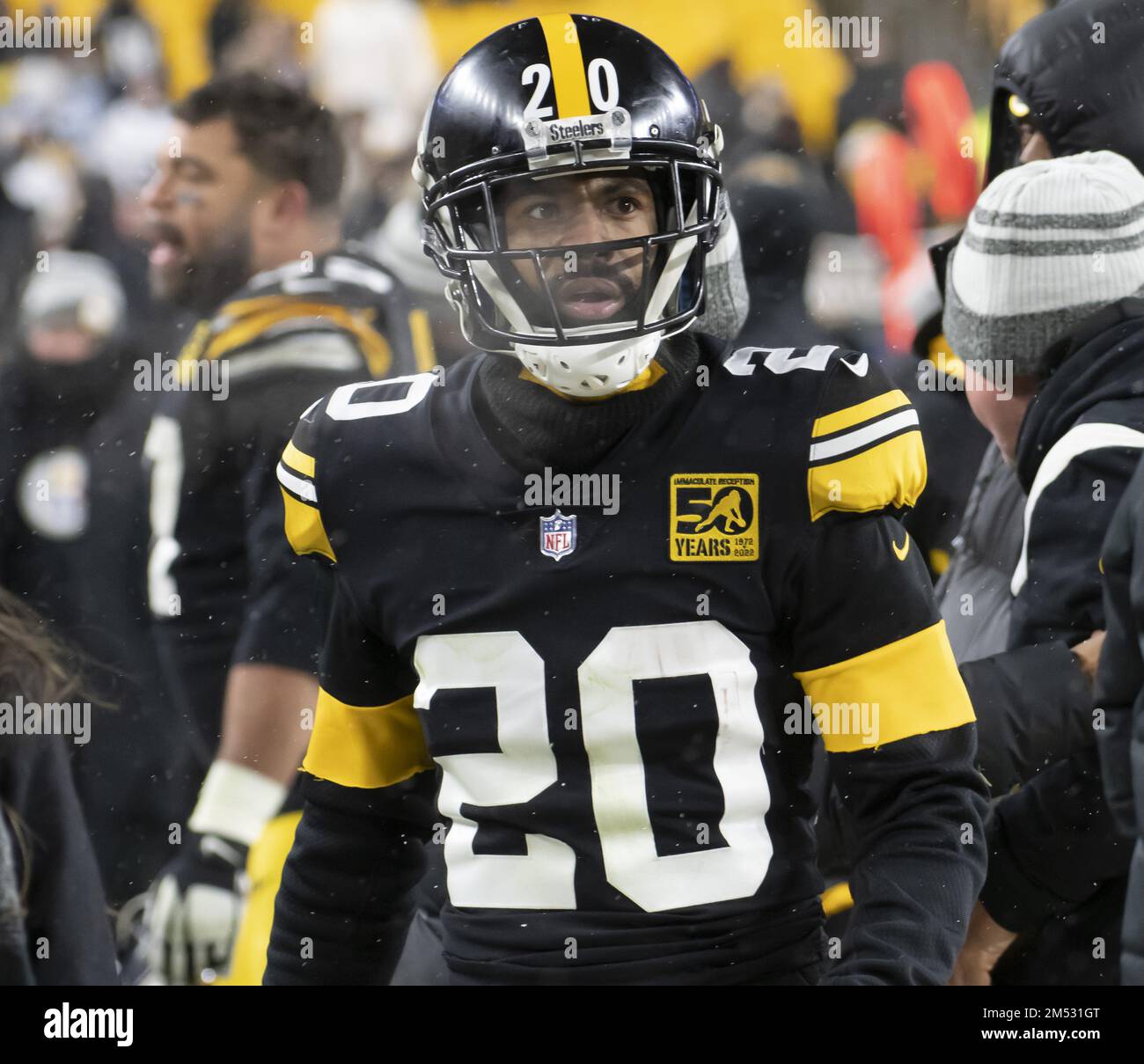 Pittsburgh, United States. 24th Dec, 2022. Pittsburgh Steelers cornerback  Cameron Sutton (20) on the sideline following his interception in the final  seconds of the 13-10 Steelers win against the Las Vegas Raiders