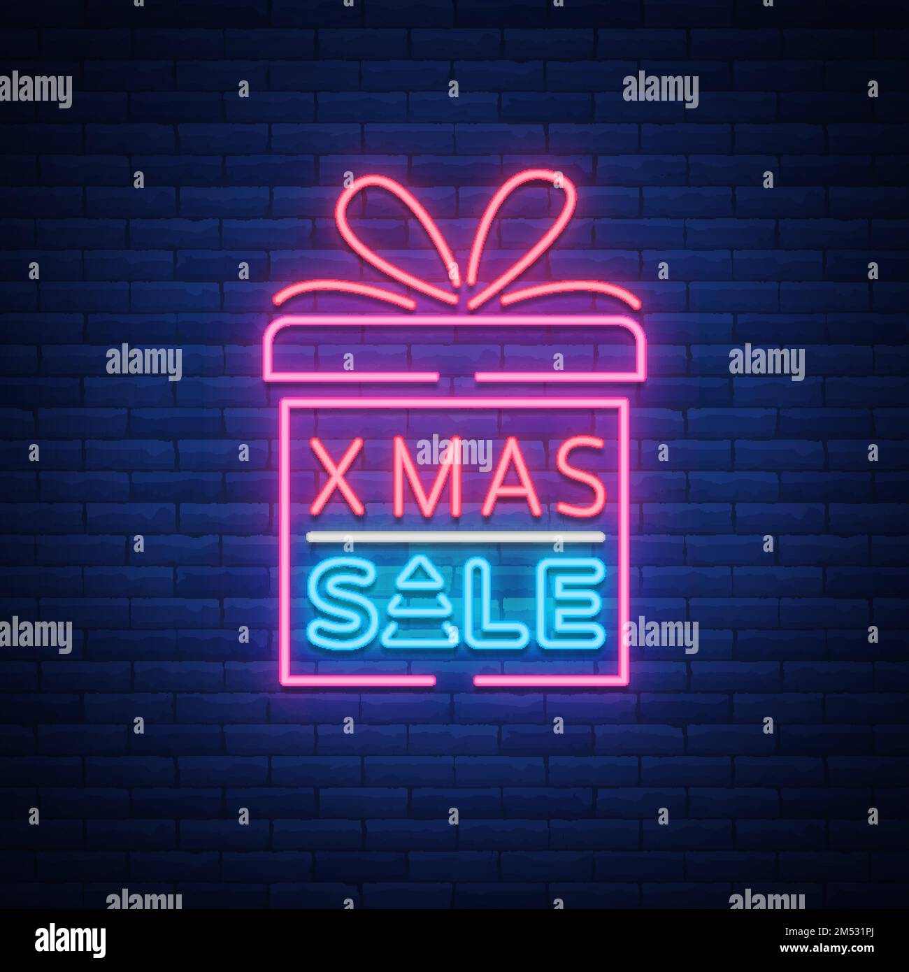 Christmas sale discounts, card postcard in neon style. Neon sign