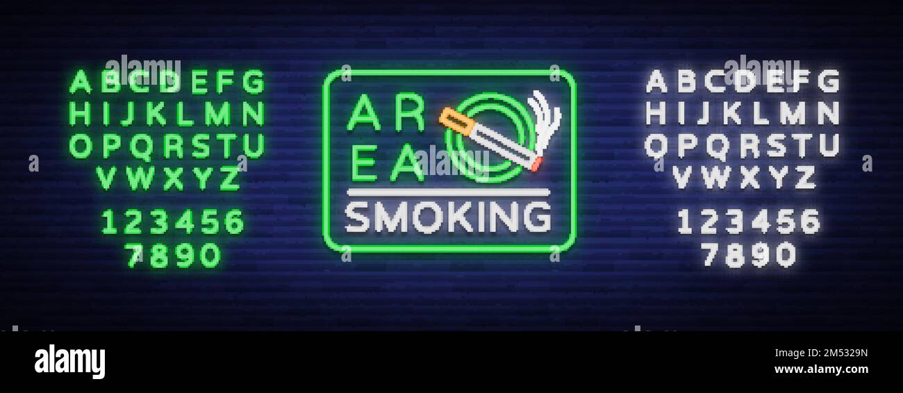 Smoking area is a vector neon sign. Neon symbol, a luminous sign is a place for smoking. Bright sign, luminous banner. Editing text neon sign. Neon al Stock Vector