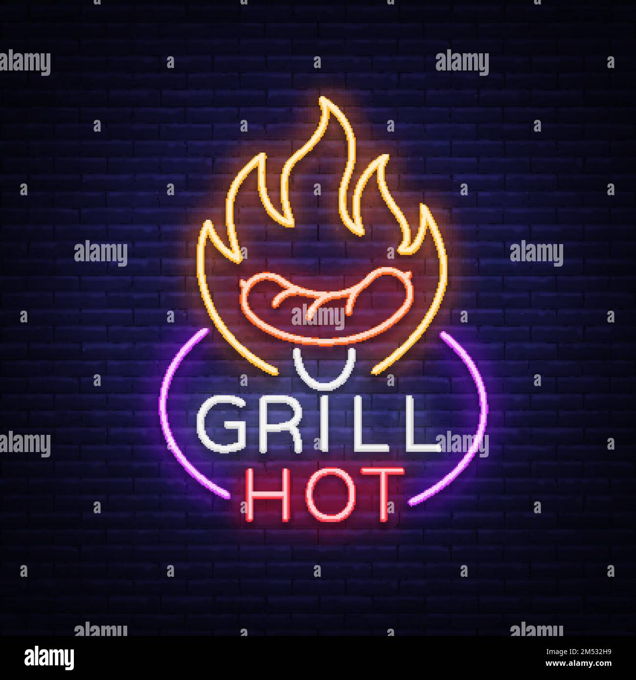 Grill logo in a neon style. Vector illustration on the theme of food