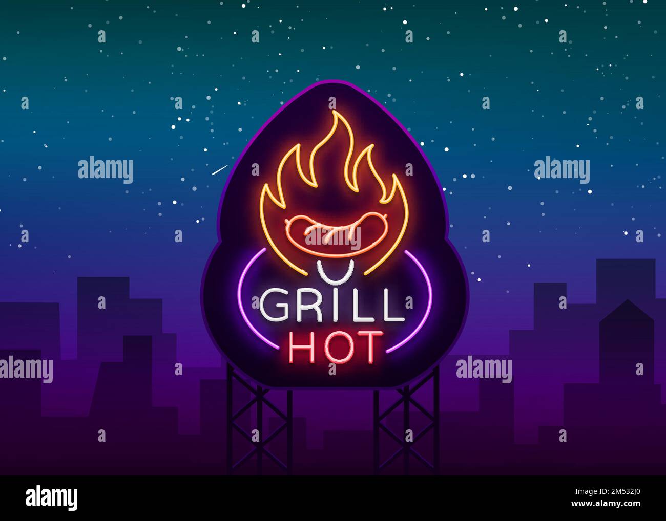 Grill logo in a neon style. Vector illustration on the theme of food