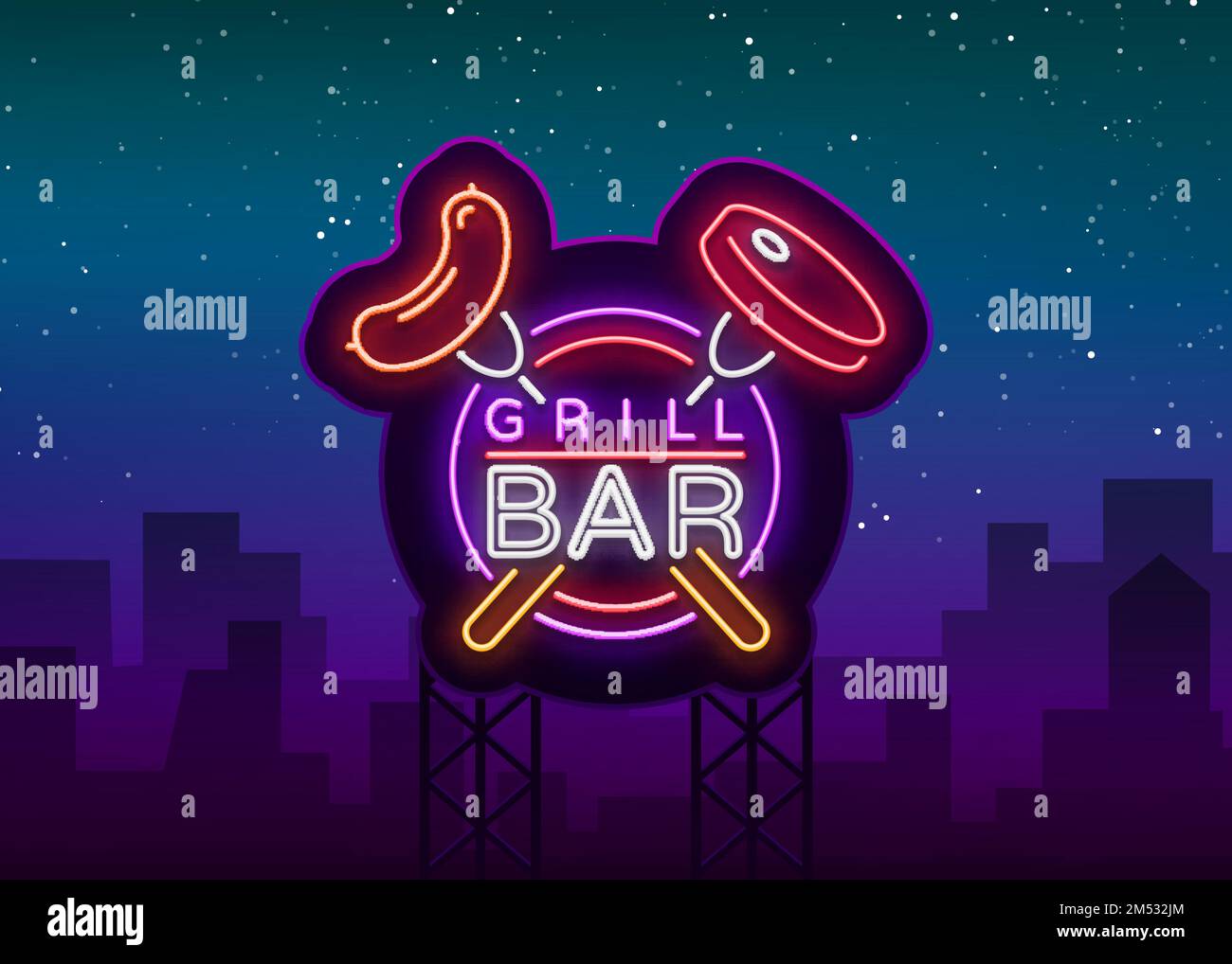 Grill logo in a neon style. Vector illustration on the theme of food
