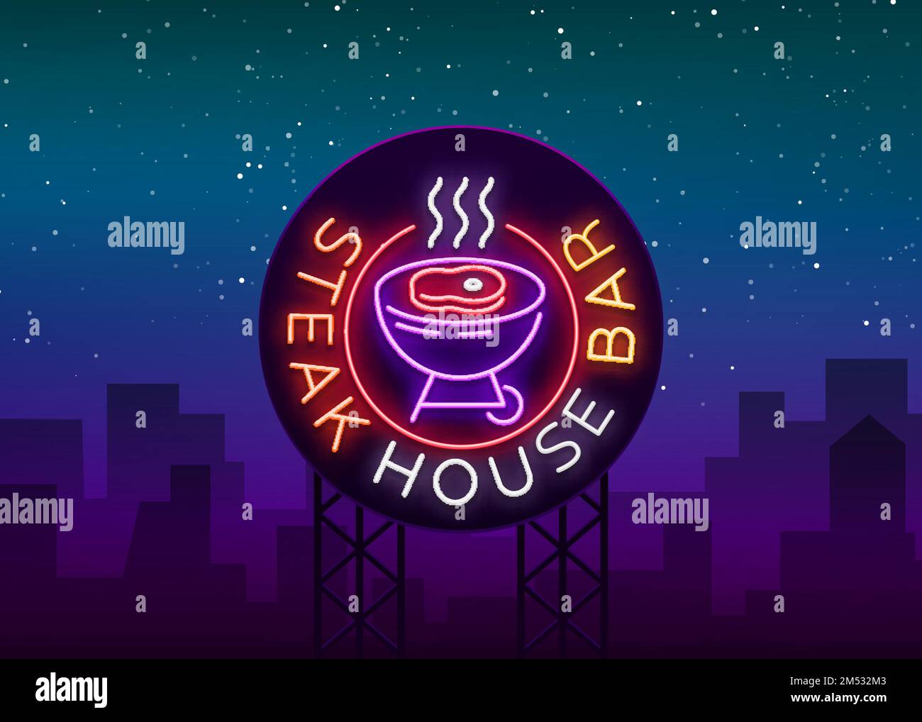 Steak House Logo Vector. Neon sign, symbol, bright advertising night