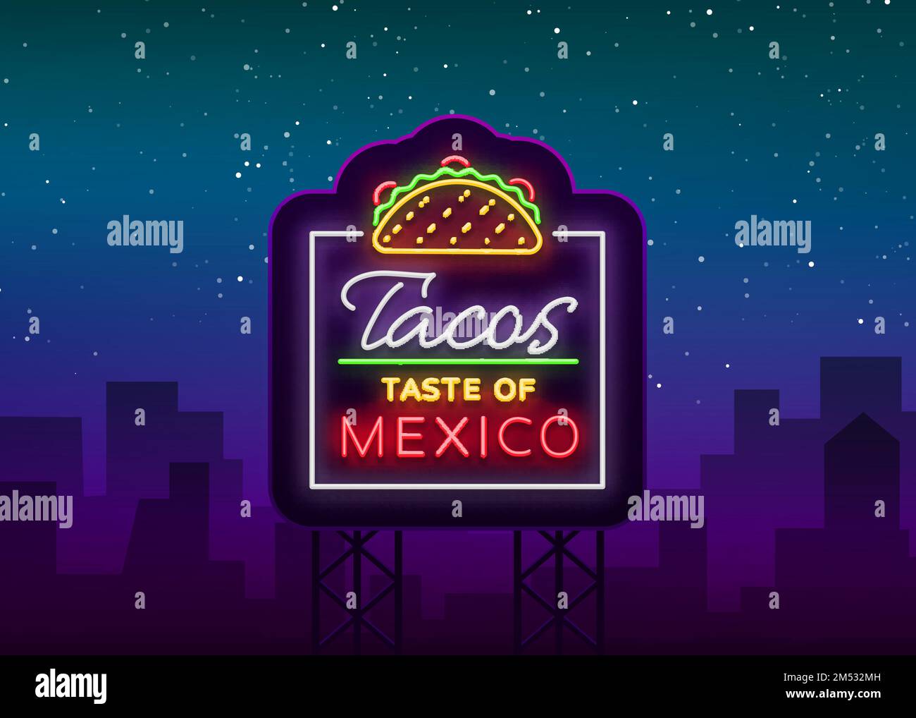 Taco logo vector. Neon sign on Mexican food, Tacos, street food, fast