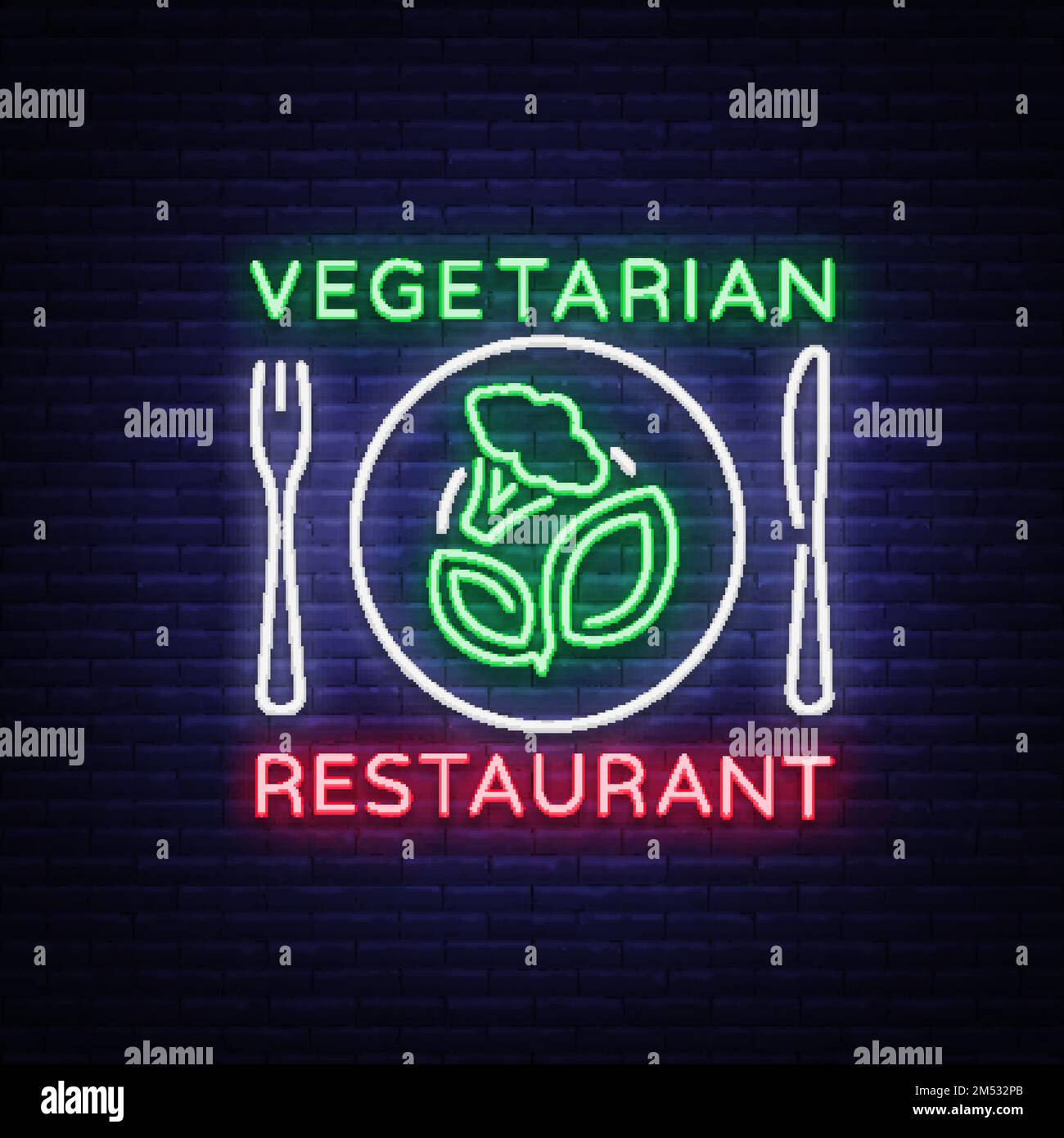Vegetarian restaurant logo. Neon sign, vegan symbol, bright luminous