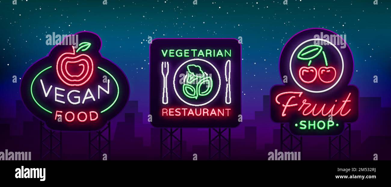 Vegan set of logos in a neon style. Collection of neon signs, a bright