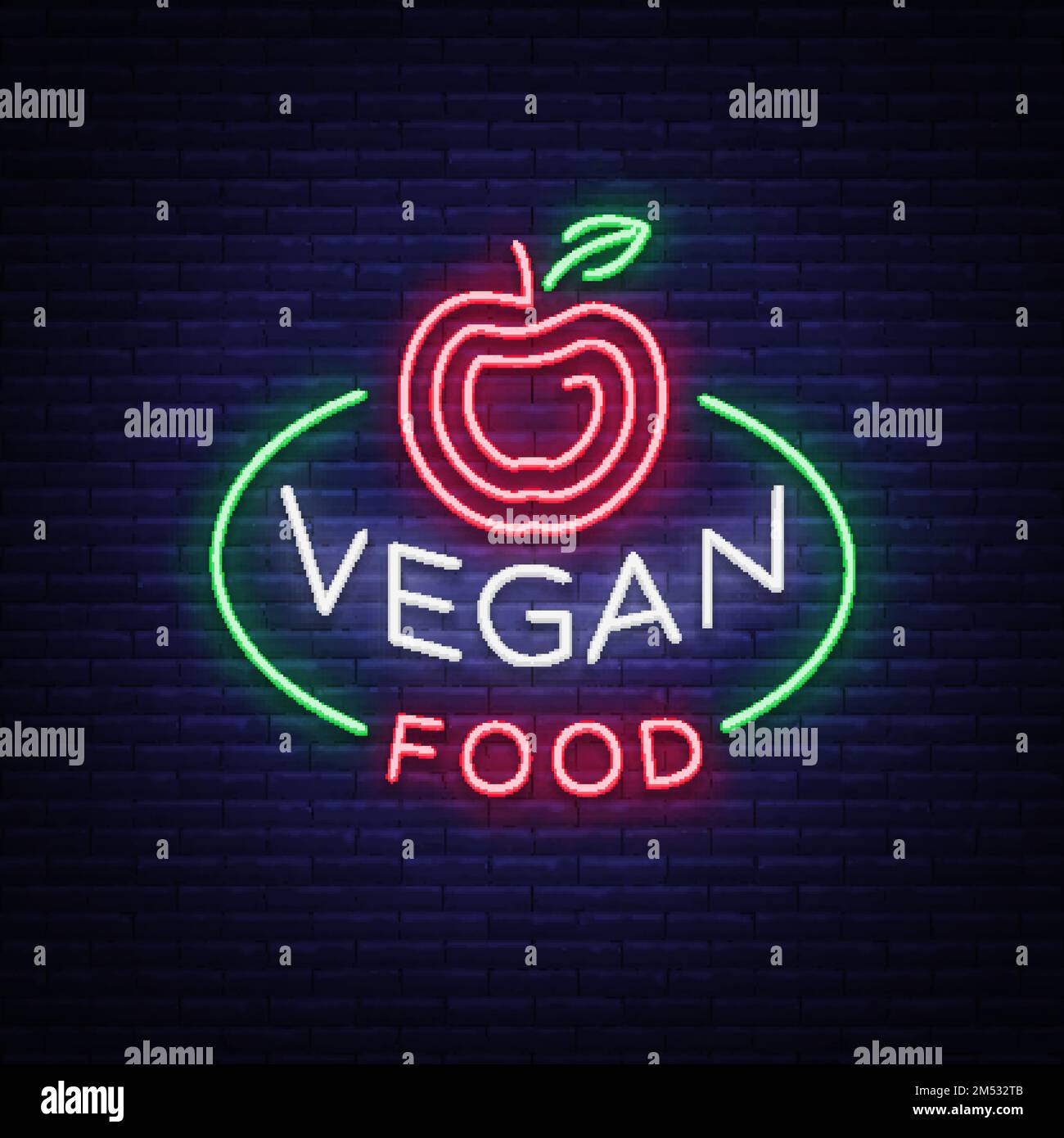 Vegan logo Neon sign, vegan symbol, bright luminous sign, neon night
