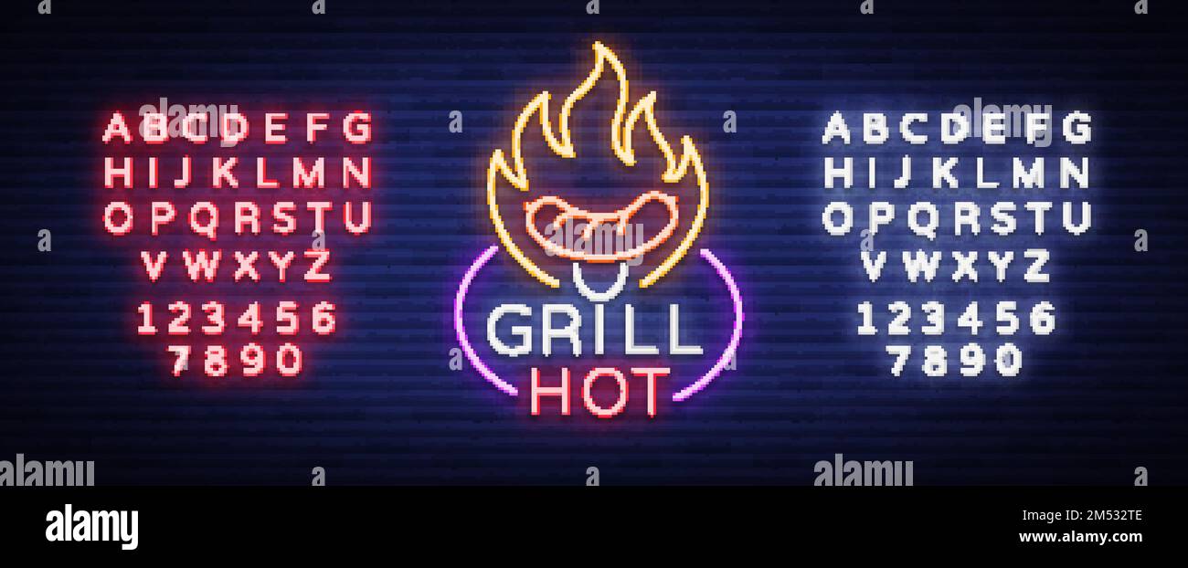 Grill logo in a neon style. Vector illustration on the theme of food