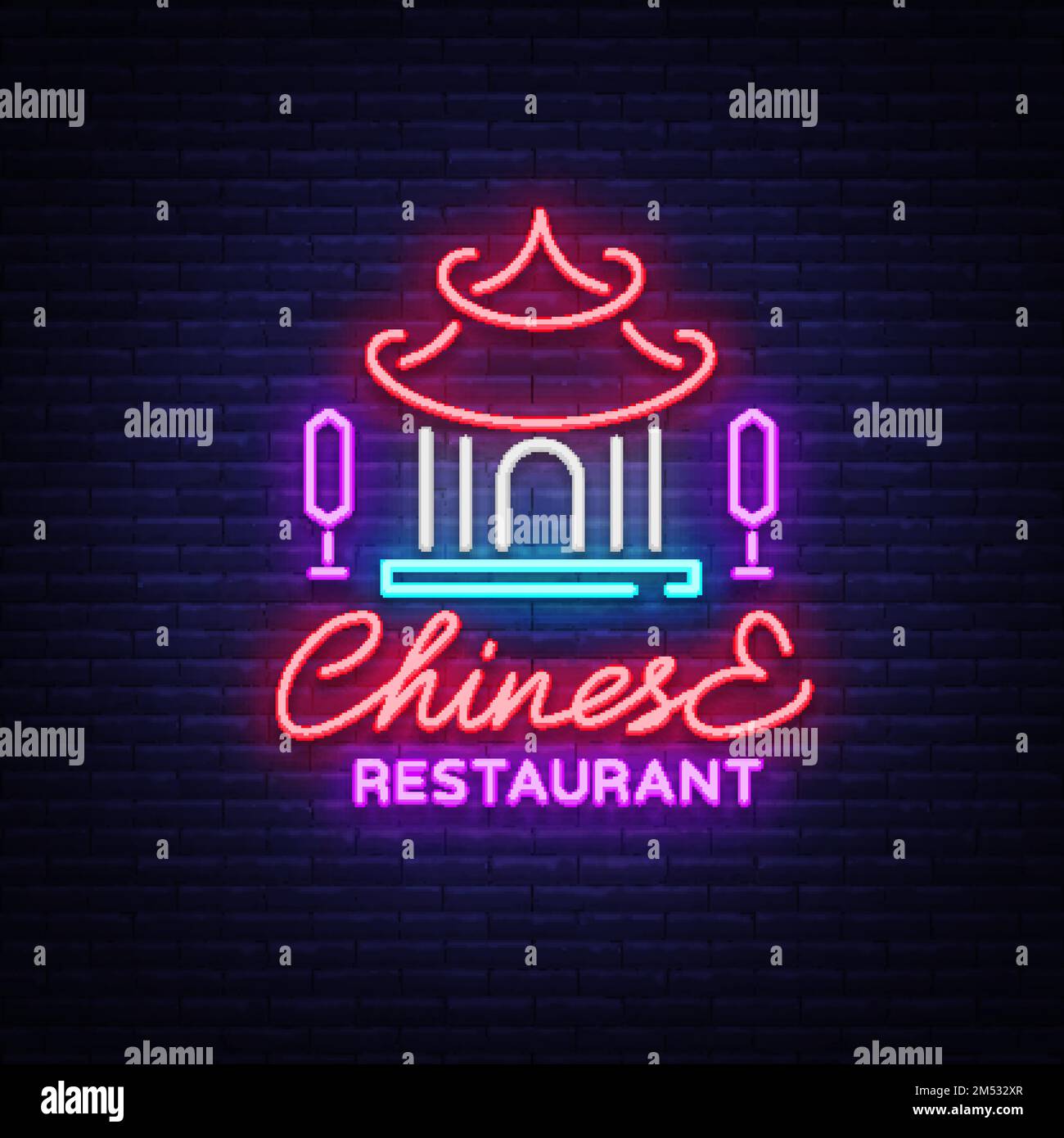 Chinese restaurant is a neon sign. Vector illustration on Chinese food