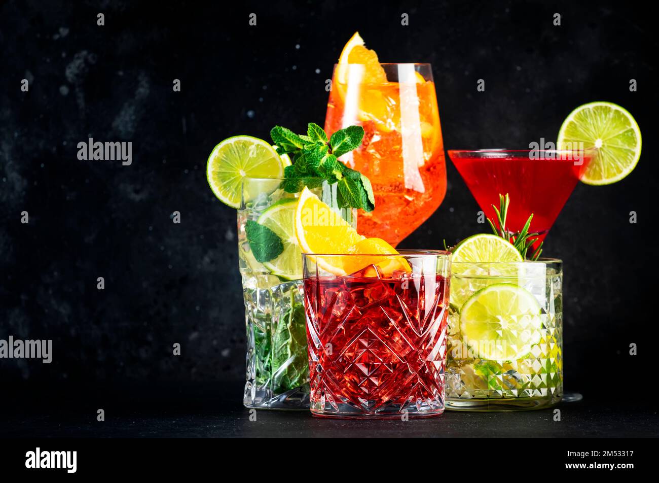 Most popular trendy cocktails set aperol spritz, negroni, mojito, gin