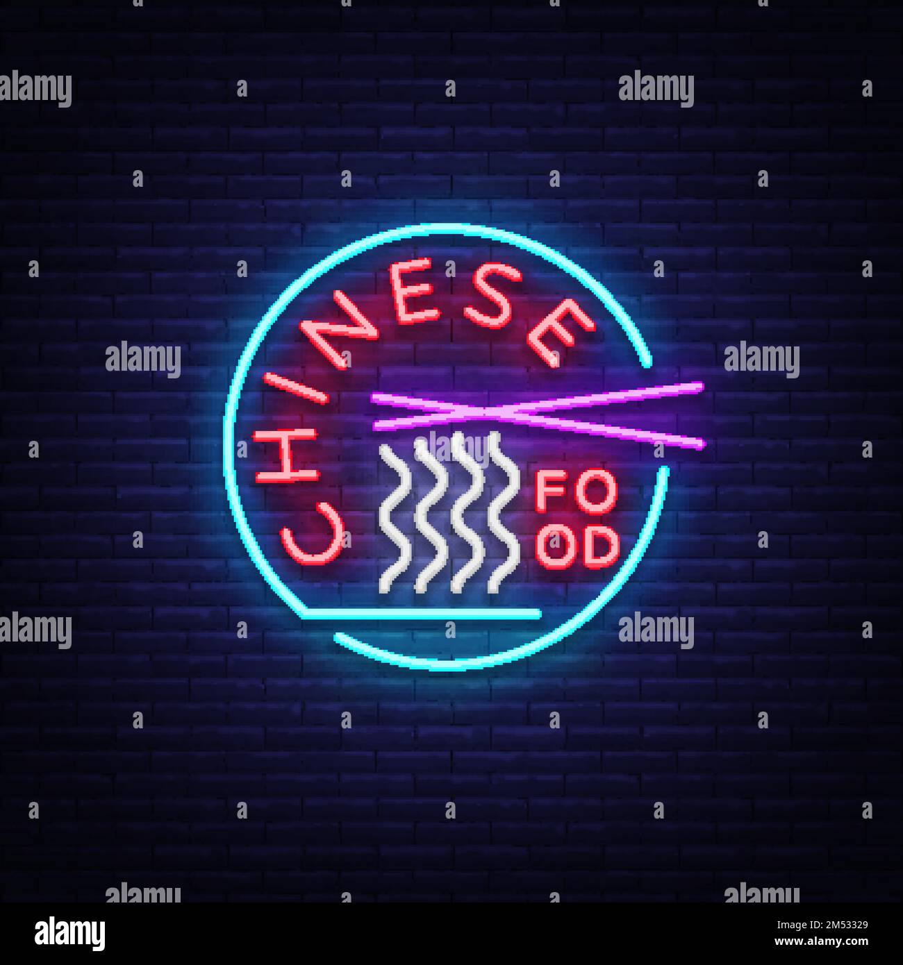 Chinese food logo. Neon sign, emblem, neon billboard, bright nightlight
