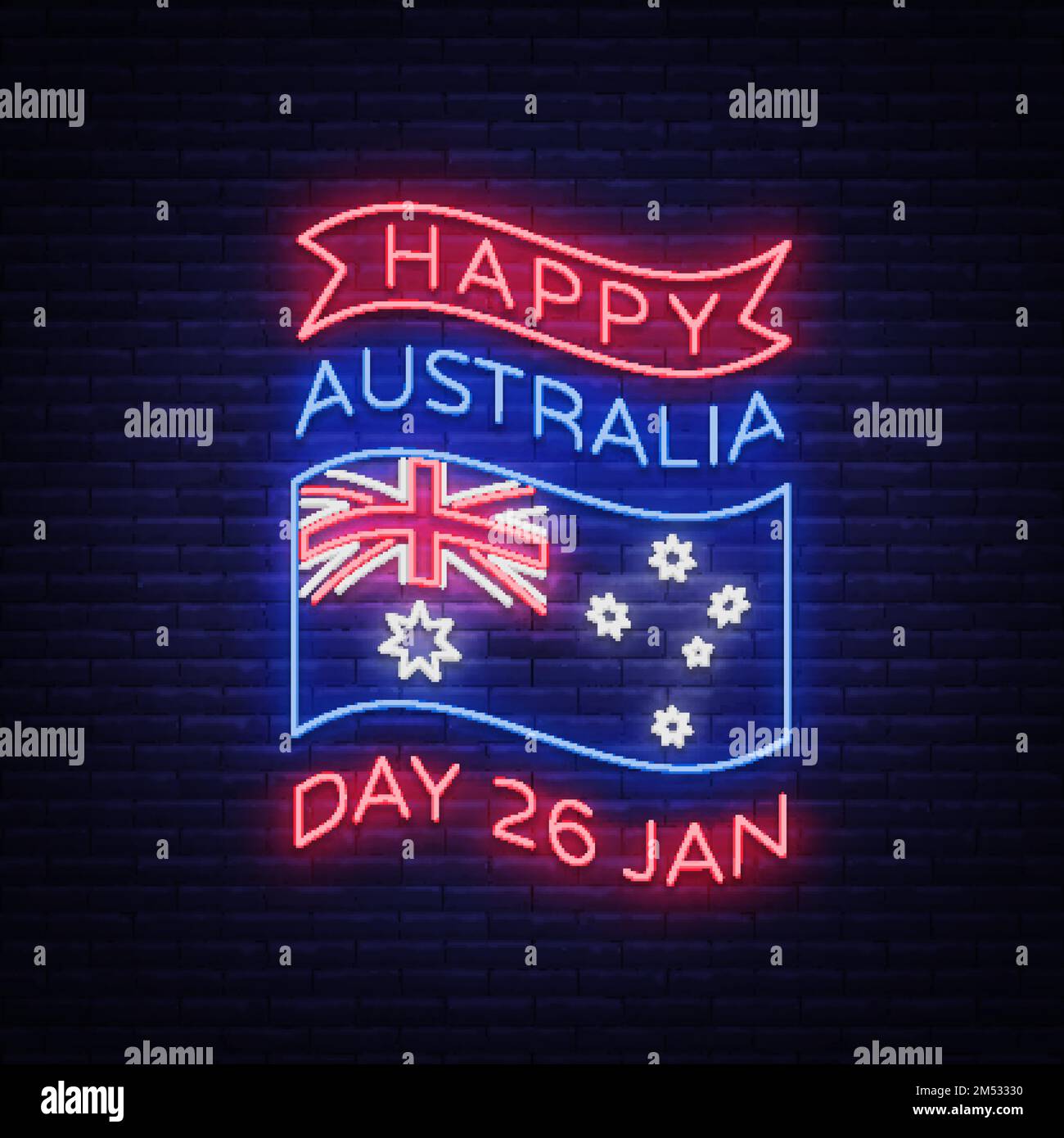 Happy Australia Day On January 26 Festive Background With Flag In Neon ...