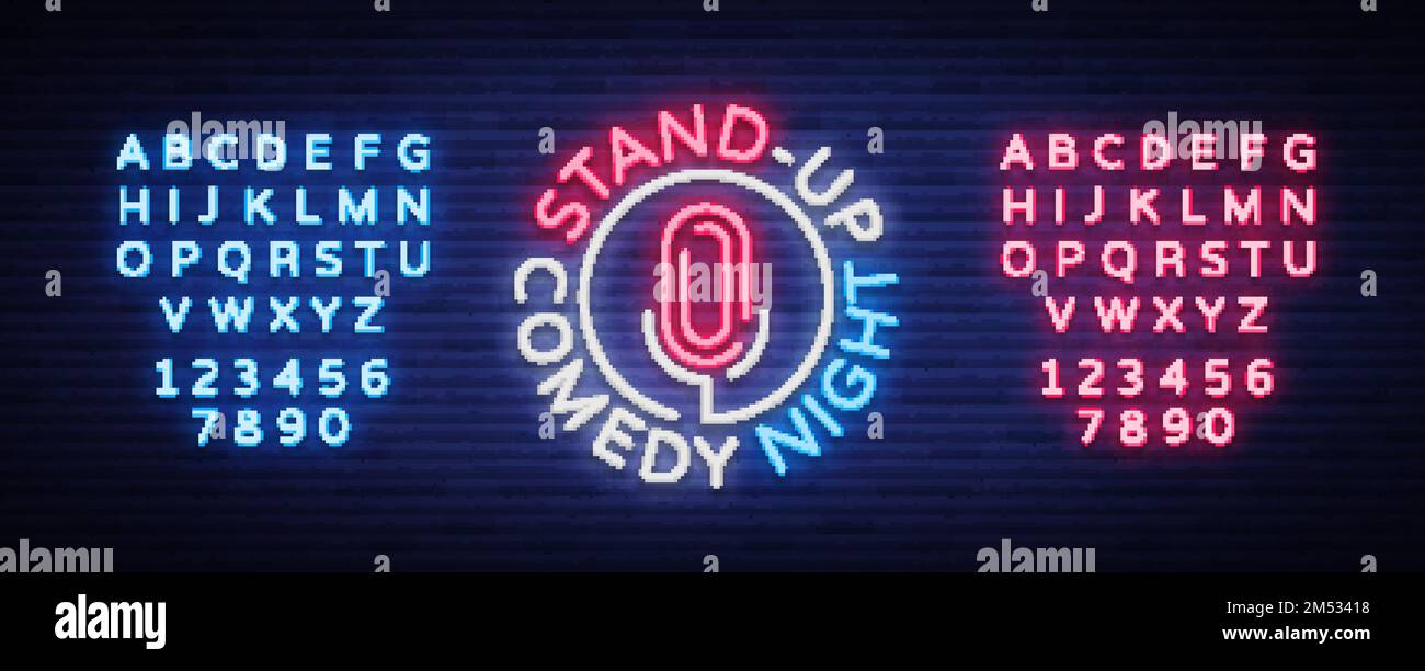 Stand Up Comedy Show is a neon sign. Neon logo, bright luminous banner, neon poster, bright