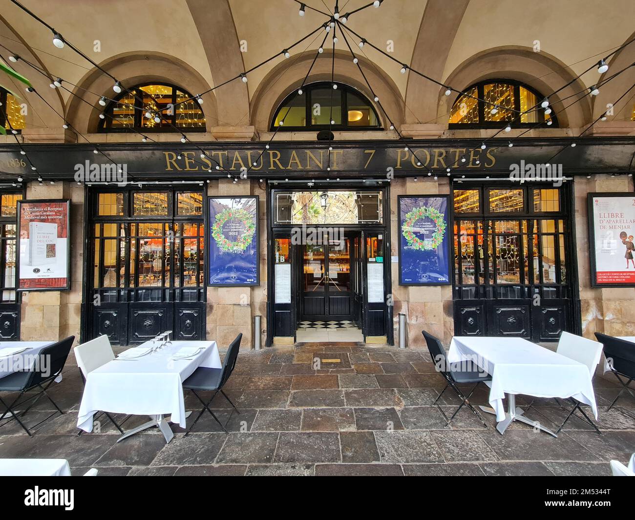Restaurant 7 portes. Porxos d'eng Guifré, Pla de Palau. Barcelona, Catalonia, Spain. Stock Photo