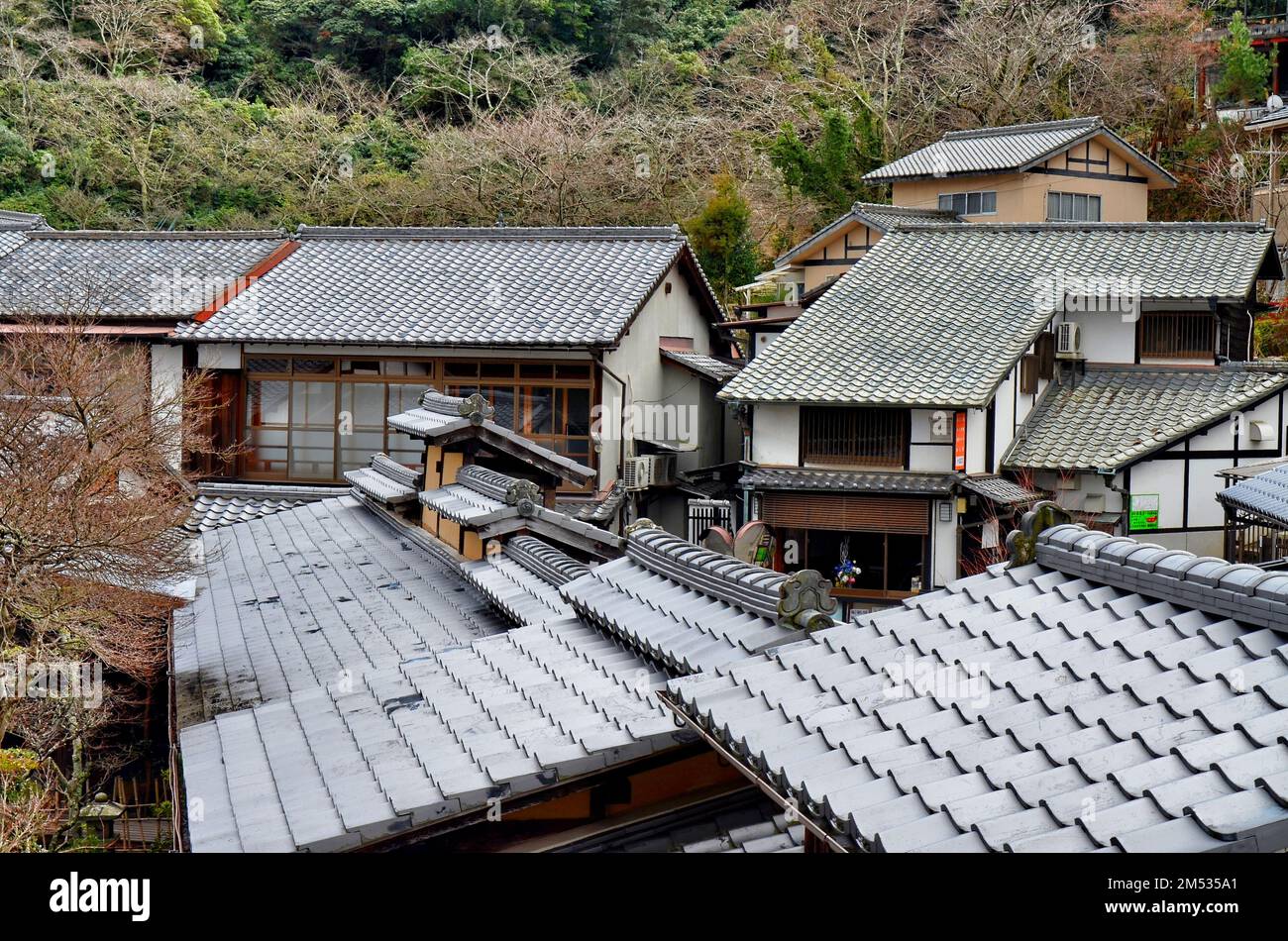 View of the old town of Miyajima island, Itsukushima, Hatsukaichi, Hiroshima Prefecture, Japan. Stock Photo