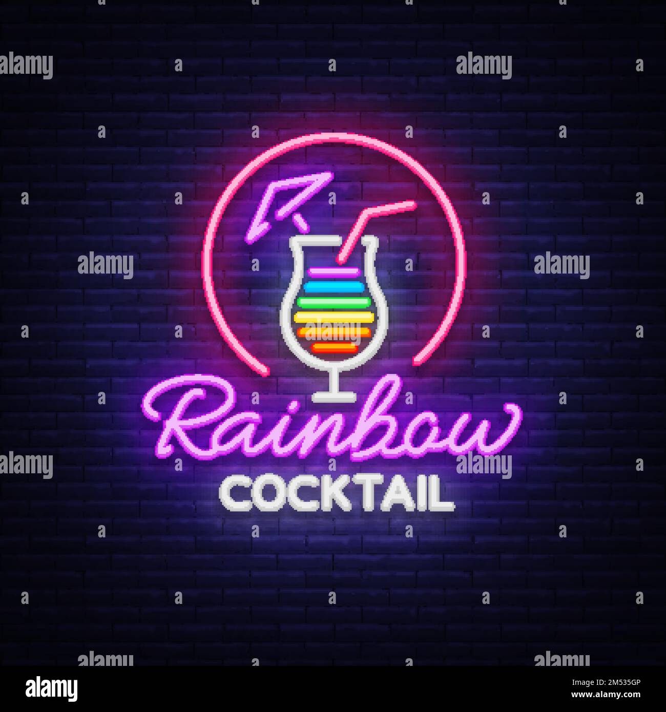 Cocktail logo in neon style. Rainbow Cocktail. Neon sign, Design template for drinks, alcoholic
