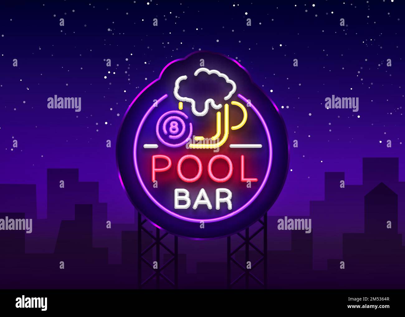 Pool bar logo in neon style. Neon sign design template for Billiard bar
