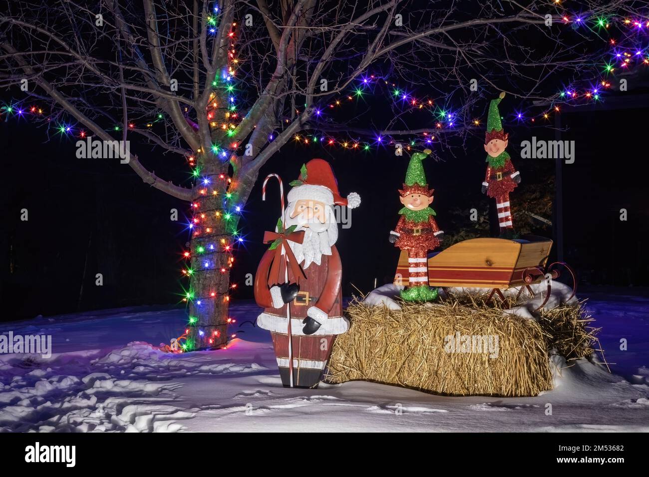 Festive multicolored Christmas lights on a tree with santa and his sled and two elves atop a hay