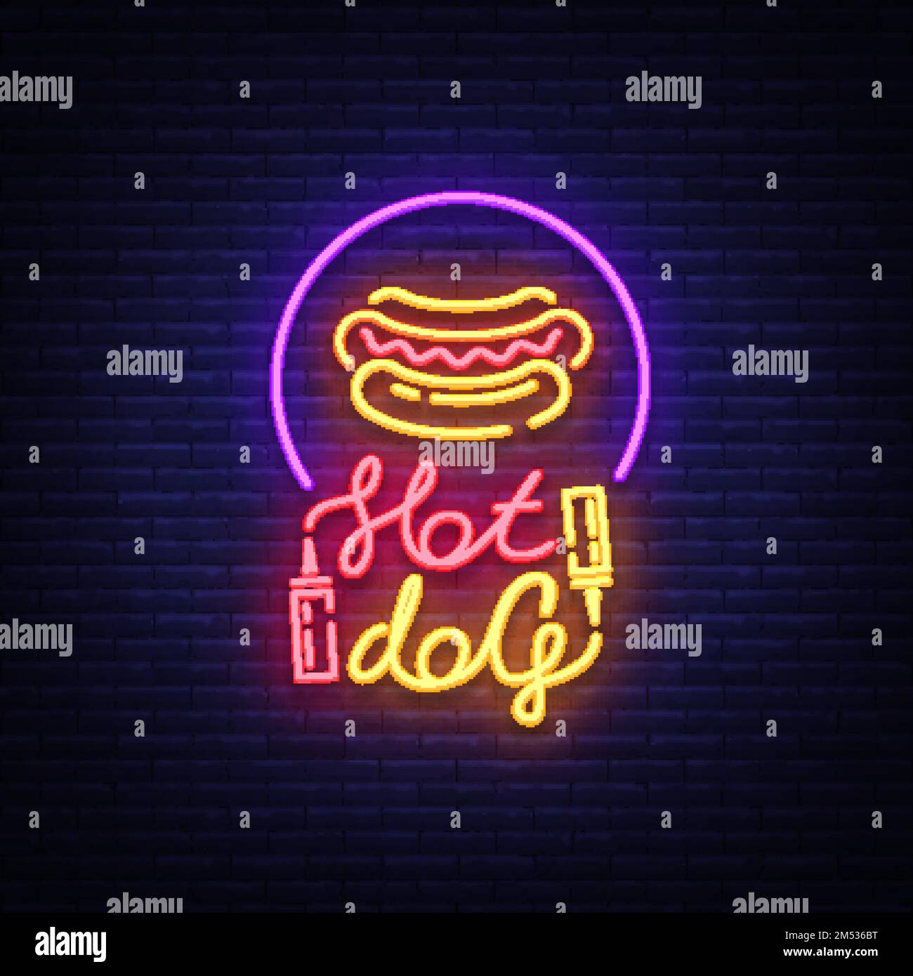 Hot dog logo in neon style design template. Hot dog neon signs, light