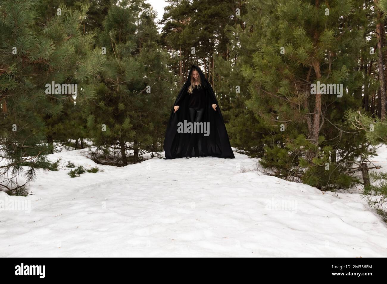 Blonde woman in a black cloak with a hood in winter in a pine forest Stock Photo