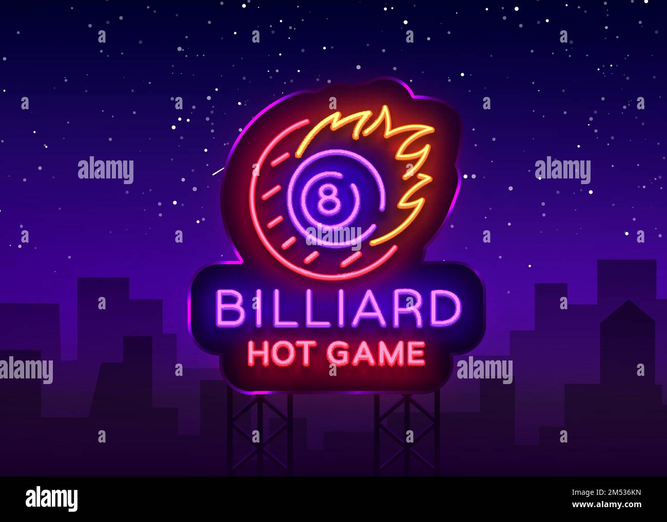 Billiards neon sign. Billiard Hot game logo in neon style, light banner