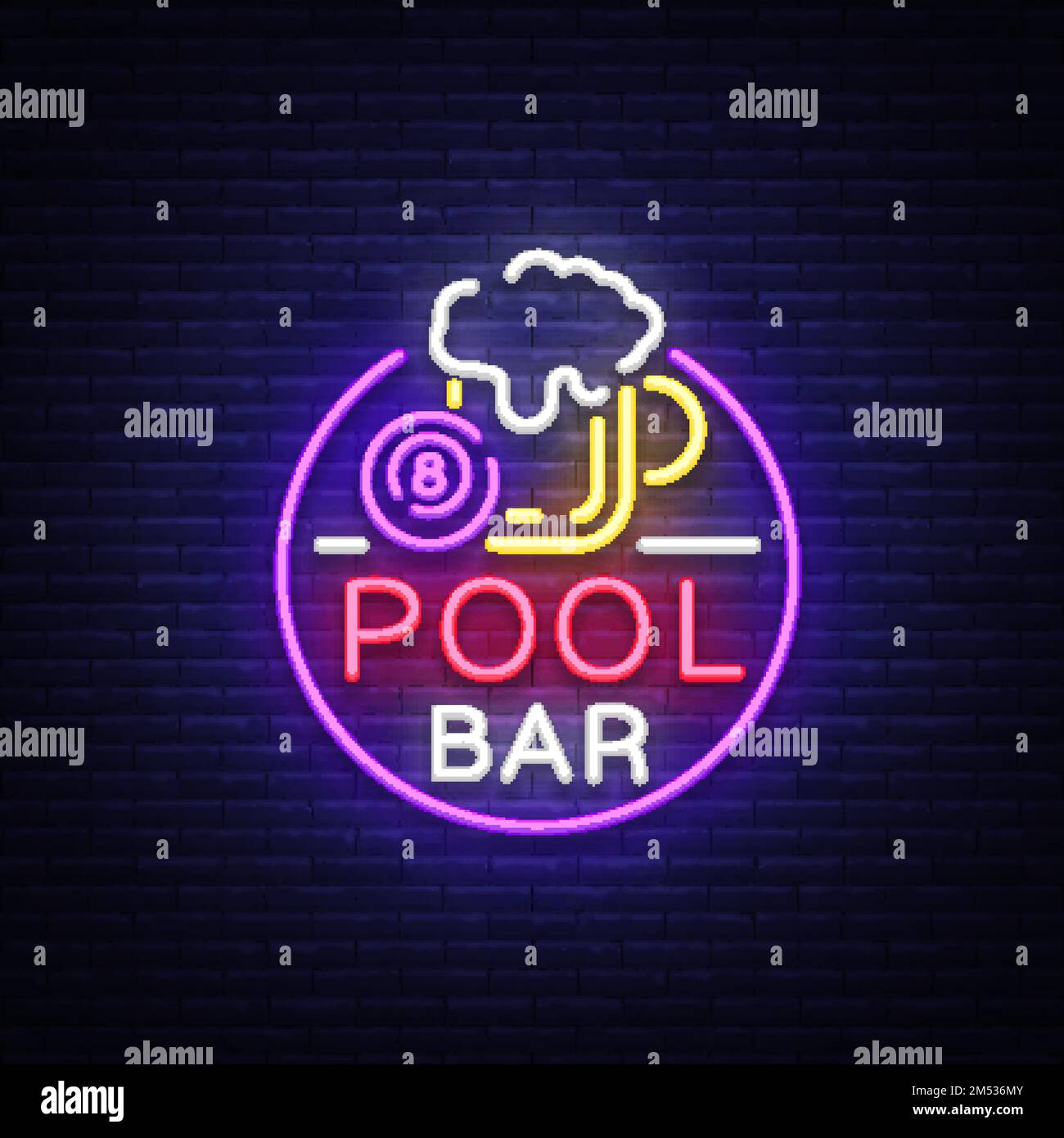 Pool bar logo in neon style. Neon sign design template for Billiard bar