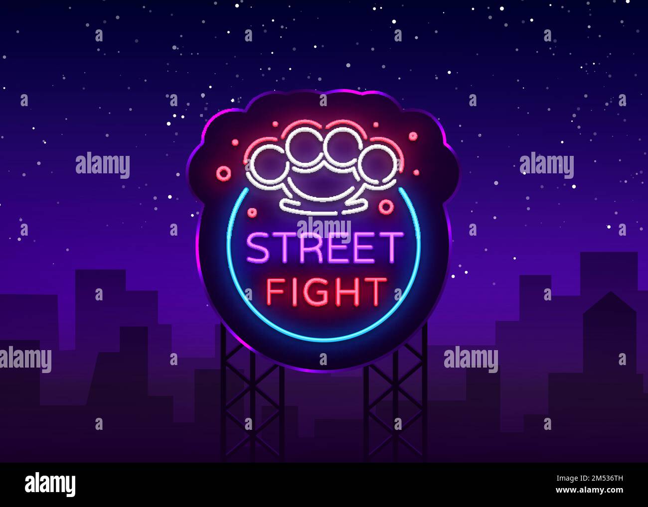 Street fight logo in neon style. Fight Club neon sign. Logo with brass knuckles. Sports neon sign on night fighting, mixed fighting, MMA. Light banner Stock Vector