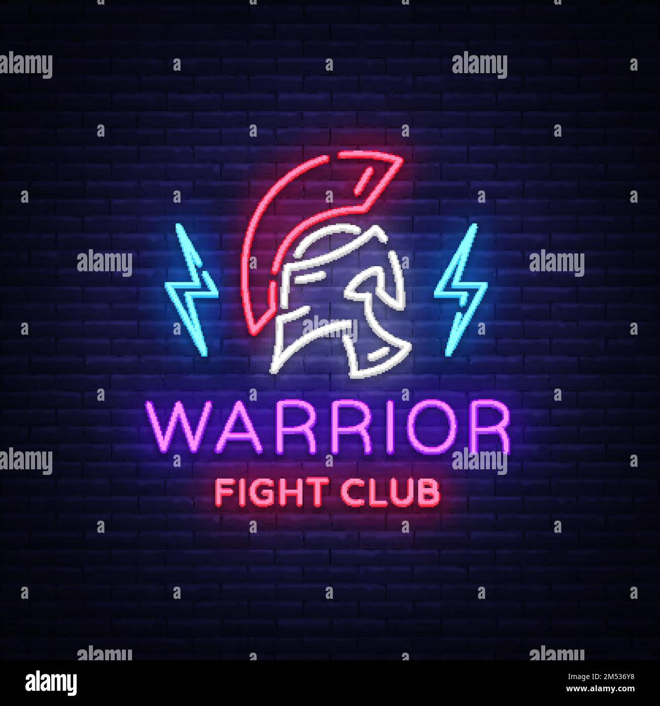 Fight Club neon sign. Warrior logo in neon style. Design template, sports logo, Spartan warrior. Night Fight, Martial Arts, MMA. Light banner, bright Stock Vector