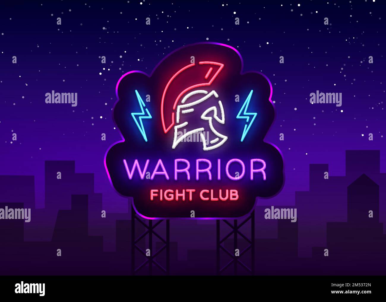 Fight Club neon sign. Warrior logo in neon style. Design template, sports logo, Spartan warrior. Night Fight, Martial Arts, MMA. Light banner, bright Stock Vector