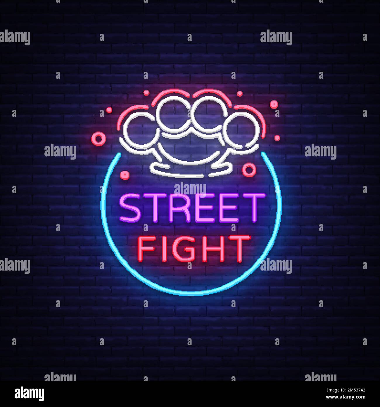 Street fight logo in neon style. Fight Club neon sign. Logo with brass knuckles. Sports neon sign on night fighting, mixed fighting, MMA. Light banner Stock Vector