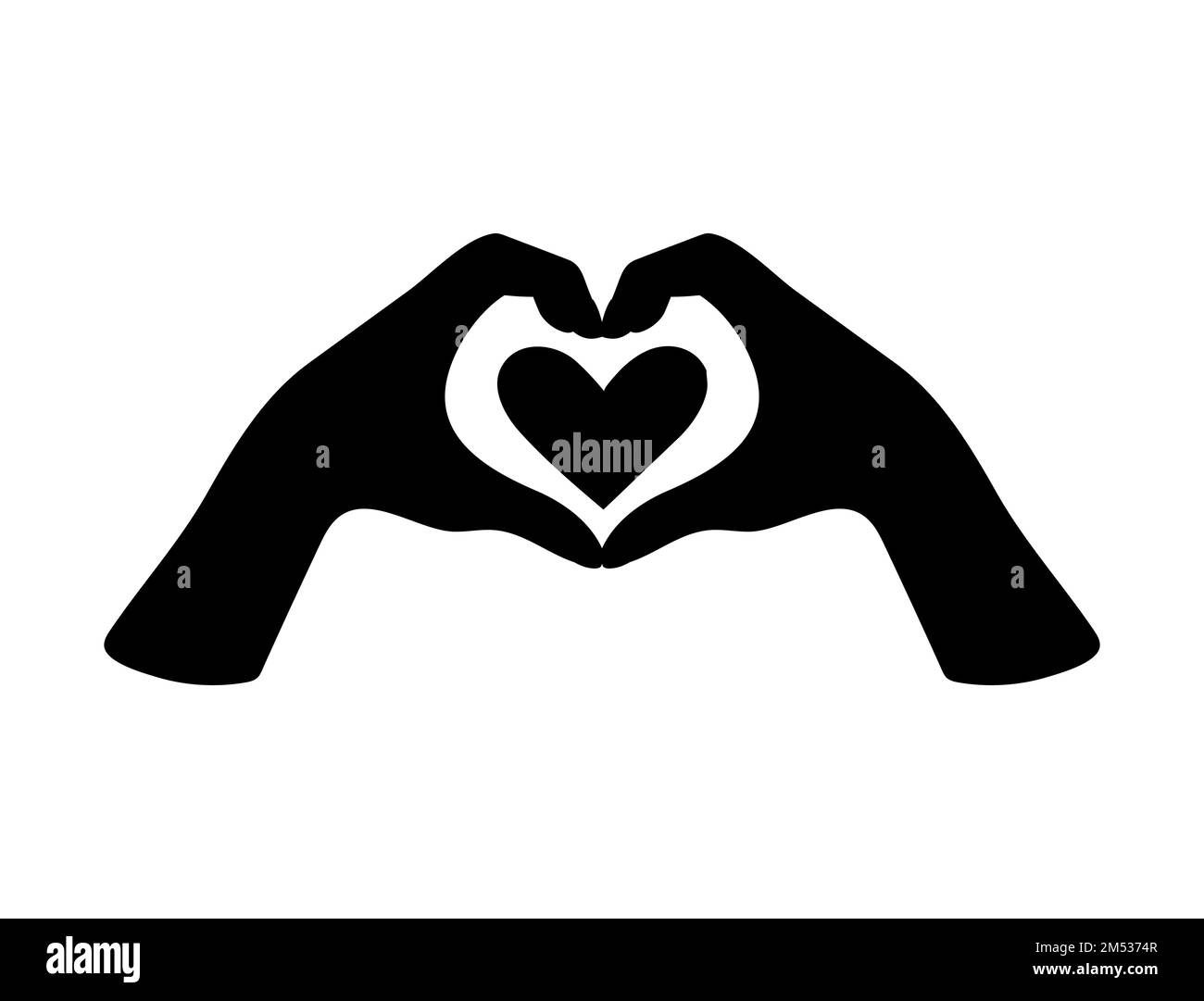 Two hands represent a heart gesture, a black silhouette isolated on a