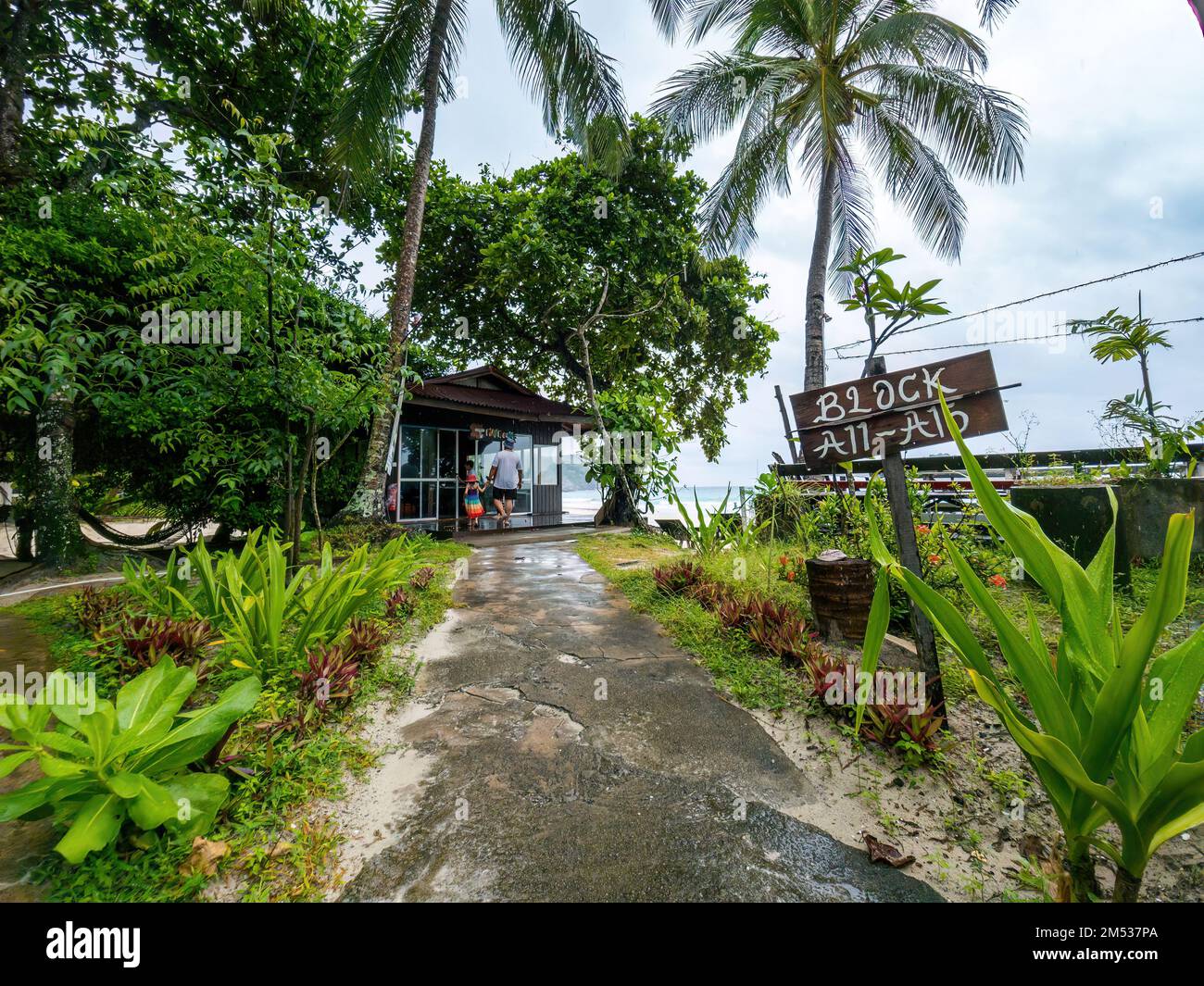 Redang, Malaysia - May 10, 2022 : Beach resort hotel landscape decoration with palm trees. Stock Photo