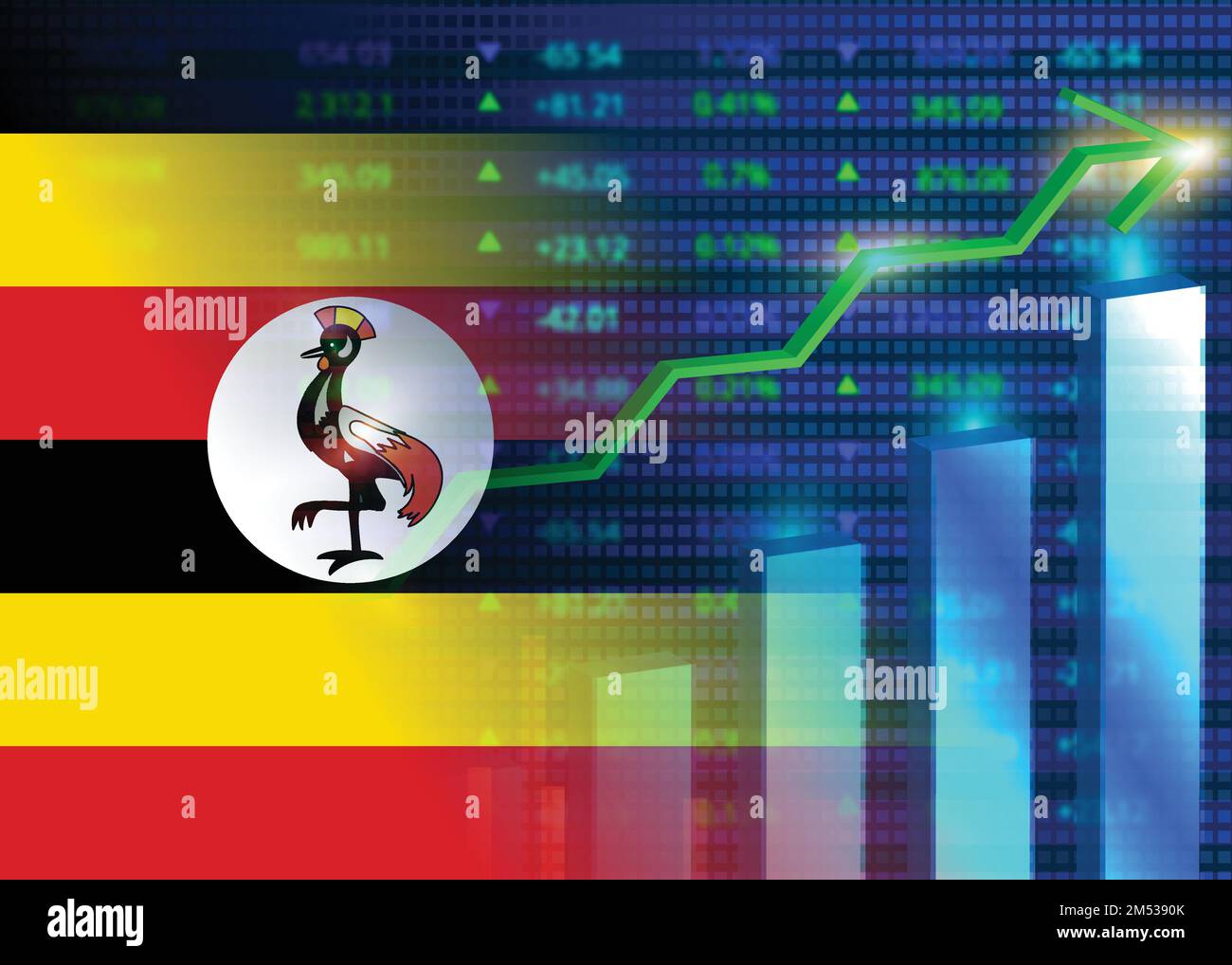 Economic growth in Uganda.Uganda's stock market.Ugandan flag with