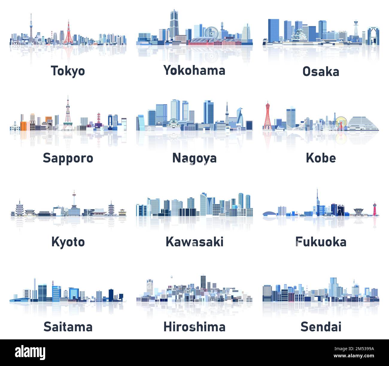 Japan cities skylines in soft cold tones color palette vector set. Crystal aesthetics style Stock Vector