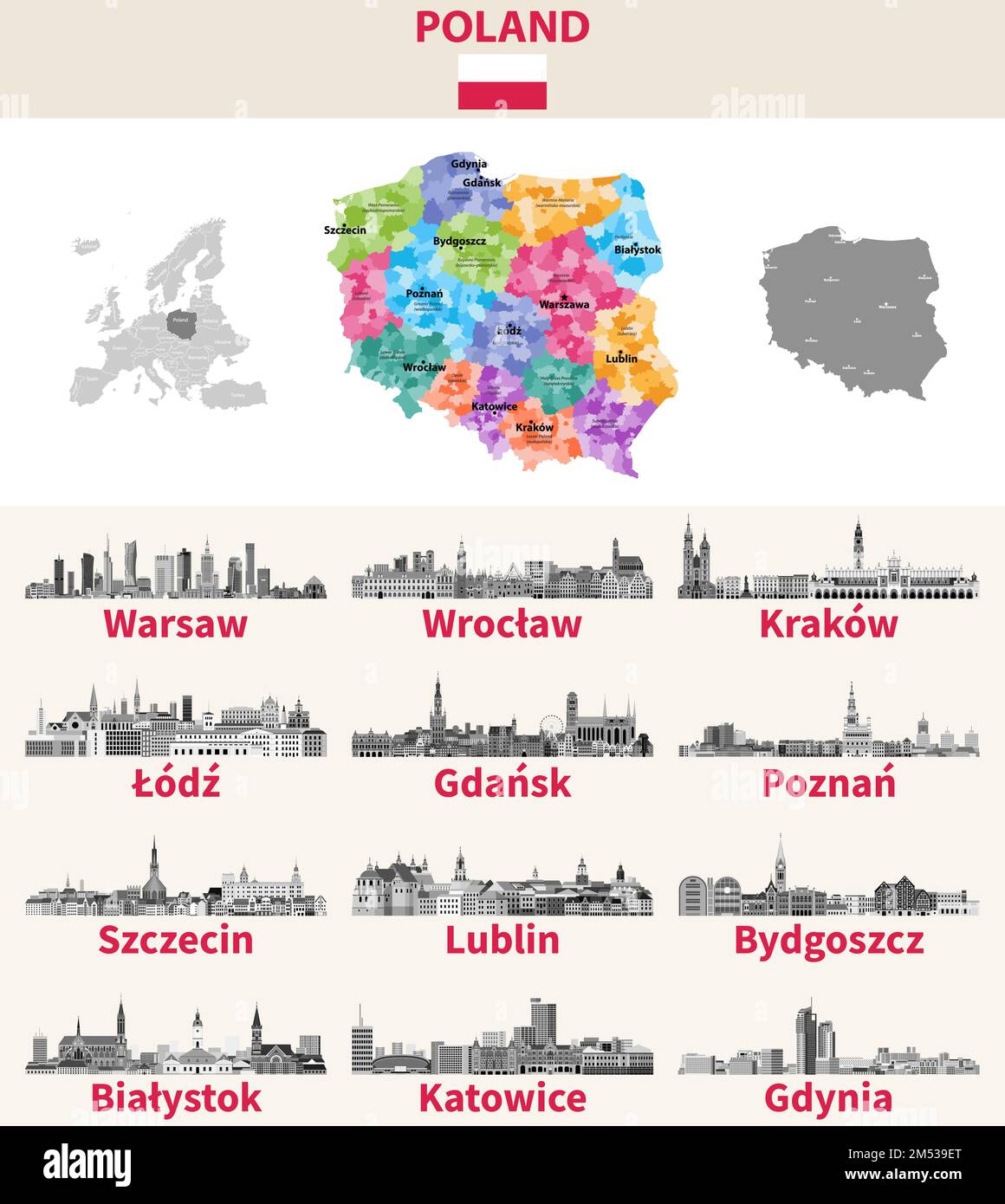 Poland map with main cities on it. Polish cities skylines illustrations in black and white color palette. Vector set Stock Vector