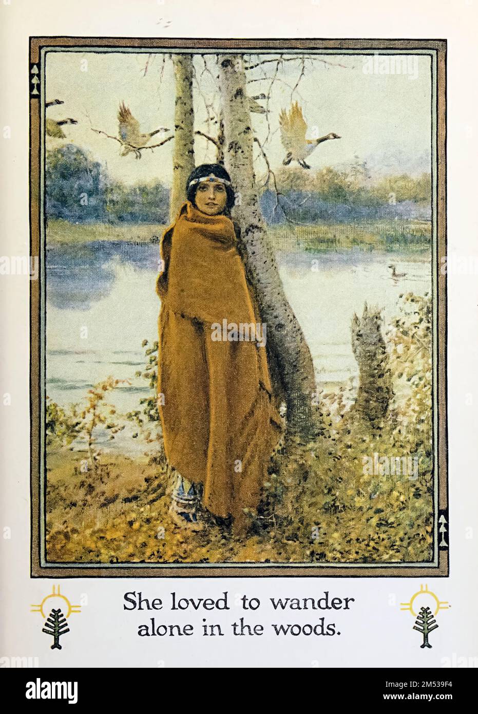 She loved to wander alone in the woods Illustrated by John Rae from the book ' American Indian fairy tales ' by William Trowbridge Larned, Publication date 1921 Publisher New York, P. F. Volland Stock Photo