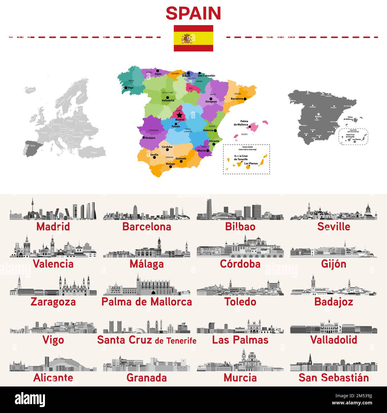 Spain map with main cities on it. Spanish cities skylines illustrations in black and white color palette. Vector set Stock Vector