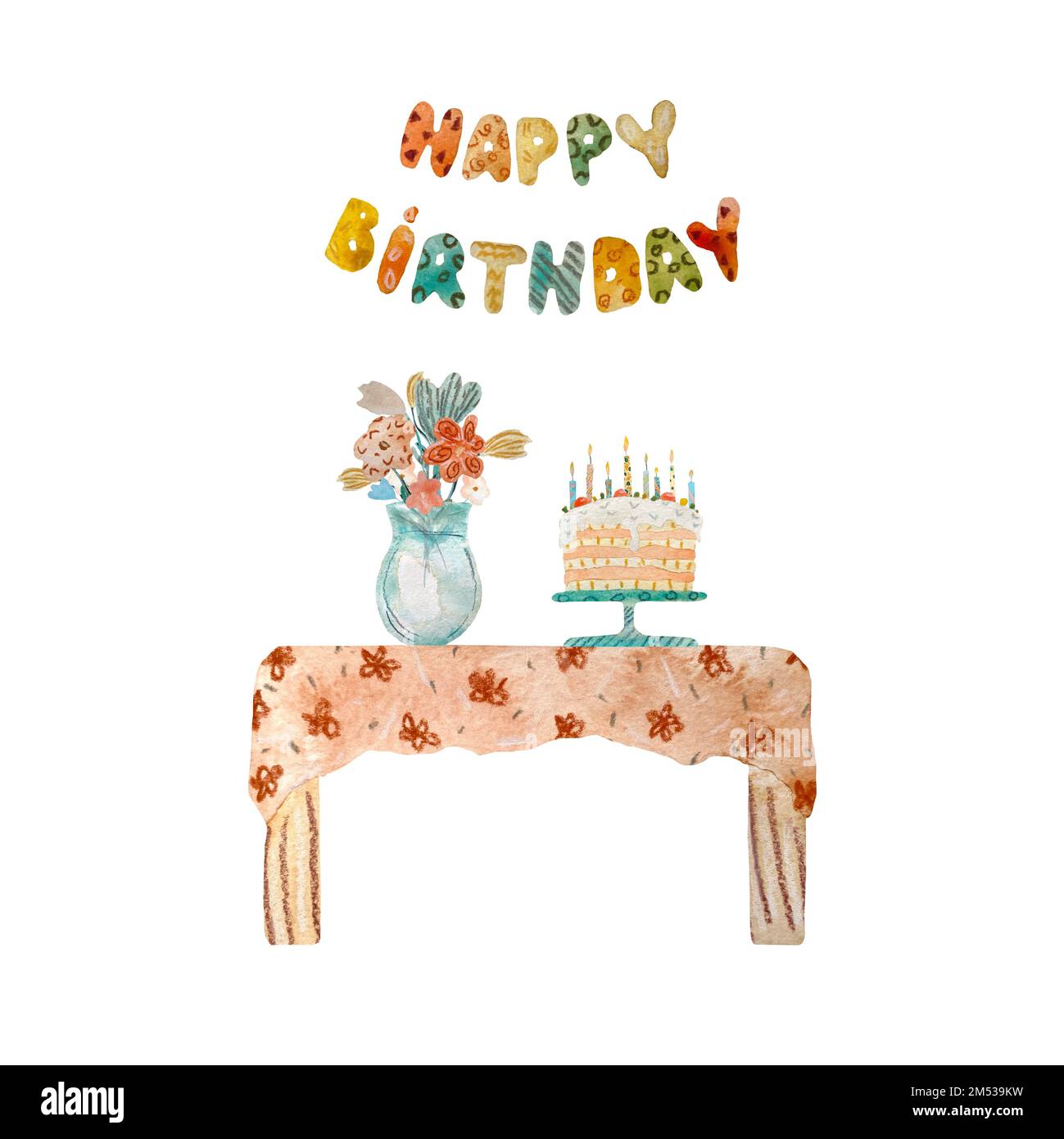 Happy birthday flower vase cake table watercolor Stock Photo Alamy