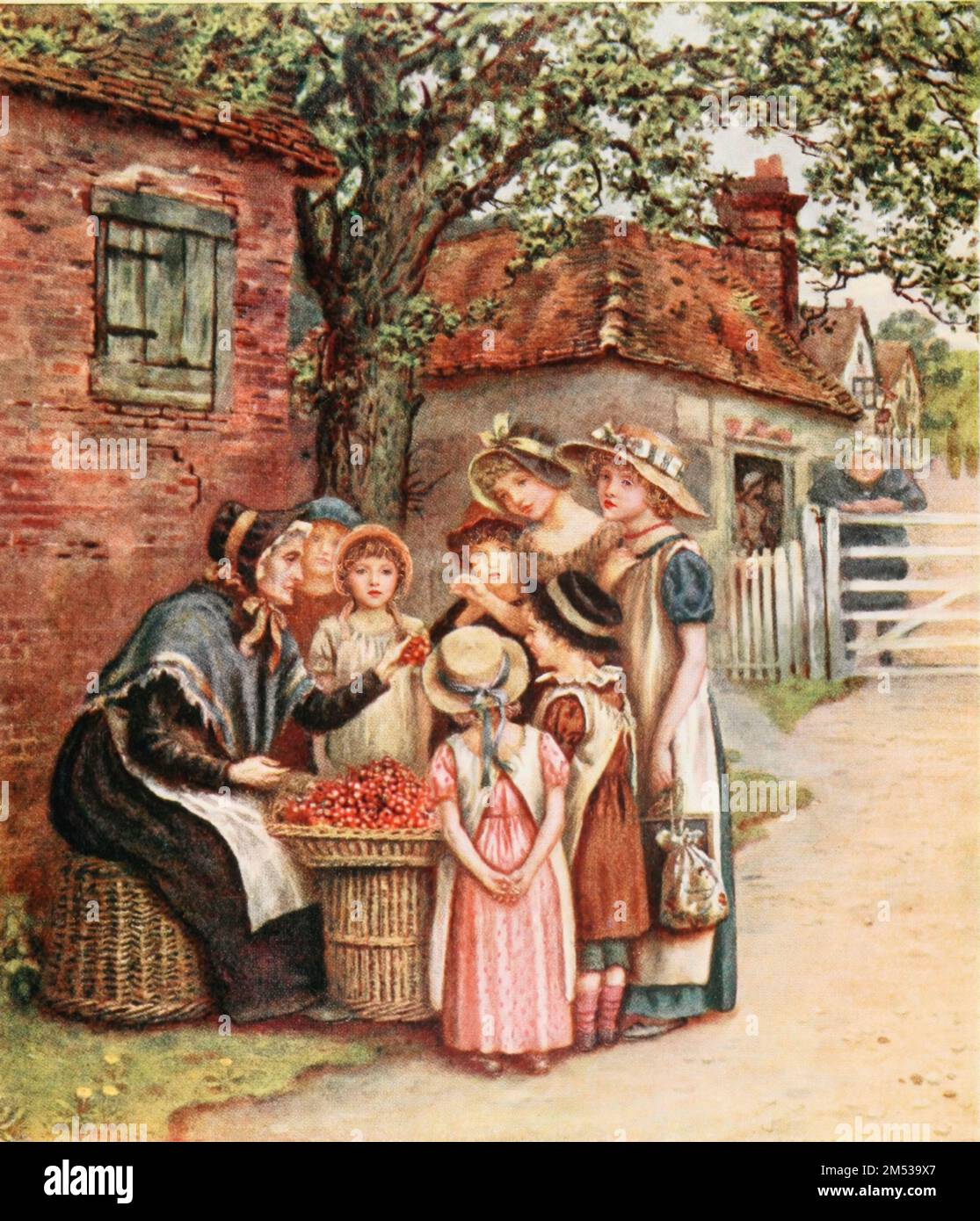 The Cherry Woman by Kate Greenaway from the book ' Kate Greenaway ' by Marion Harry Spielmann, 1858-1948; and George Somes Layard, Published by G.P. Putnam's Sons in New York and  A and C. Black in London in 1905 Stock Photo