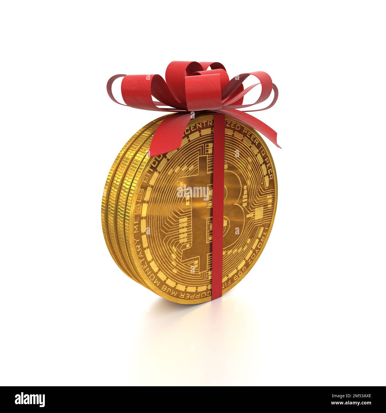 Bitcoin coins are wrapped with a gift red ribbon with a bow on a white background. Creative conceptual illustration. 3D rendering. BTC. Stock Photo