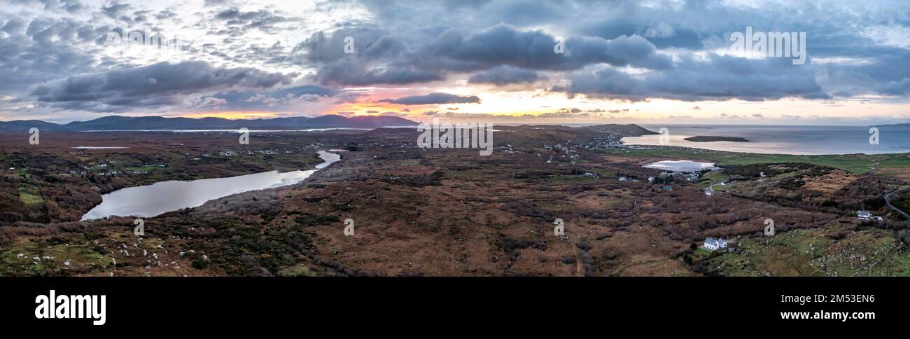 Aerial view of amazing sunrise at Lough Fad by Portnoo in County Donegal Stock Photo