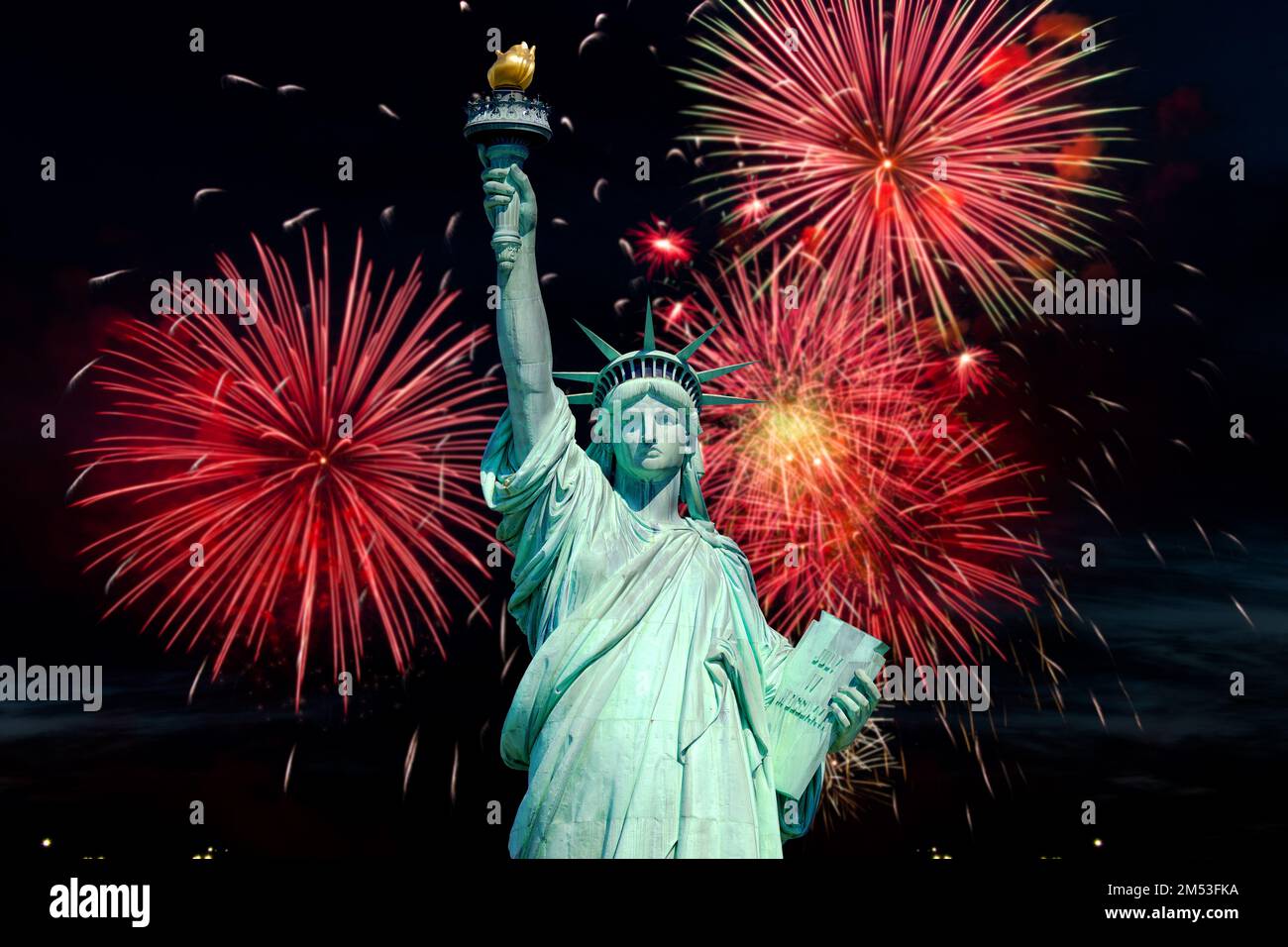 Statue of Liberty and fireworks in black sky, 4th of July concept Stock