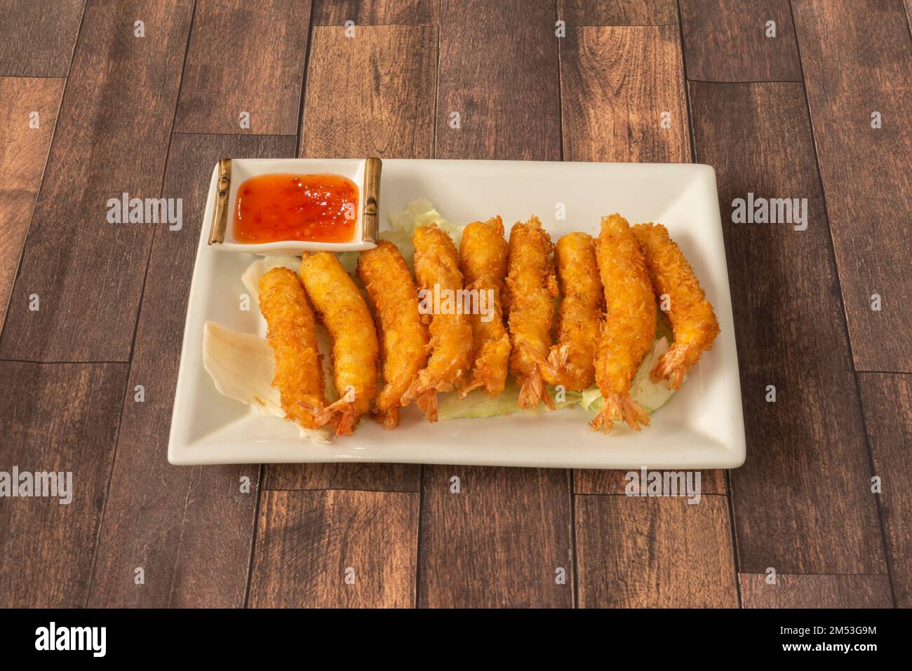 Tray with serving of tempura fried prawns in a European Chinese