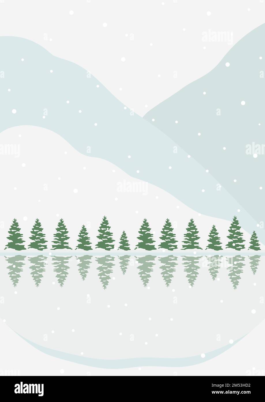 Winter landscape with wild forest and lake illustration poster. Snowy ...