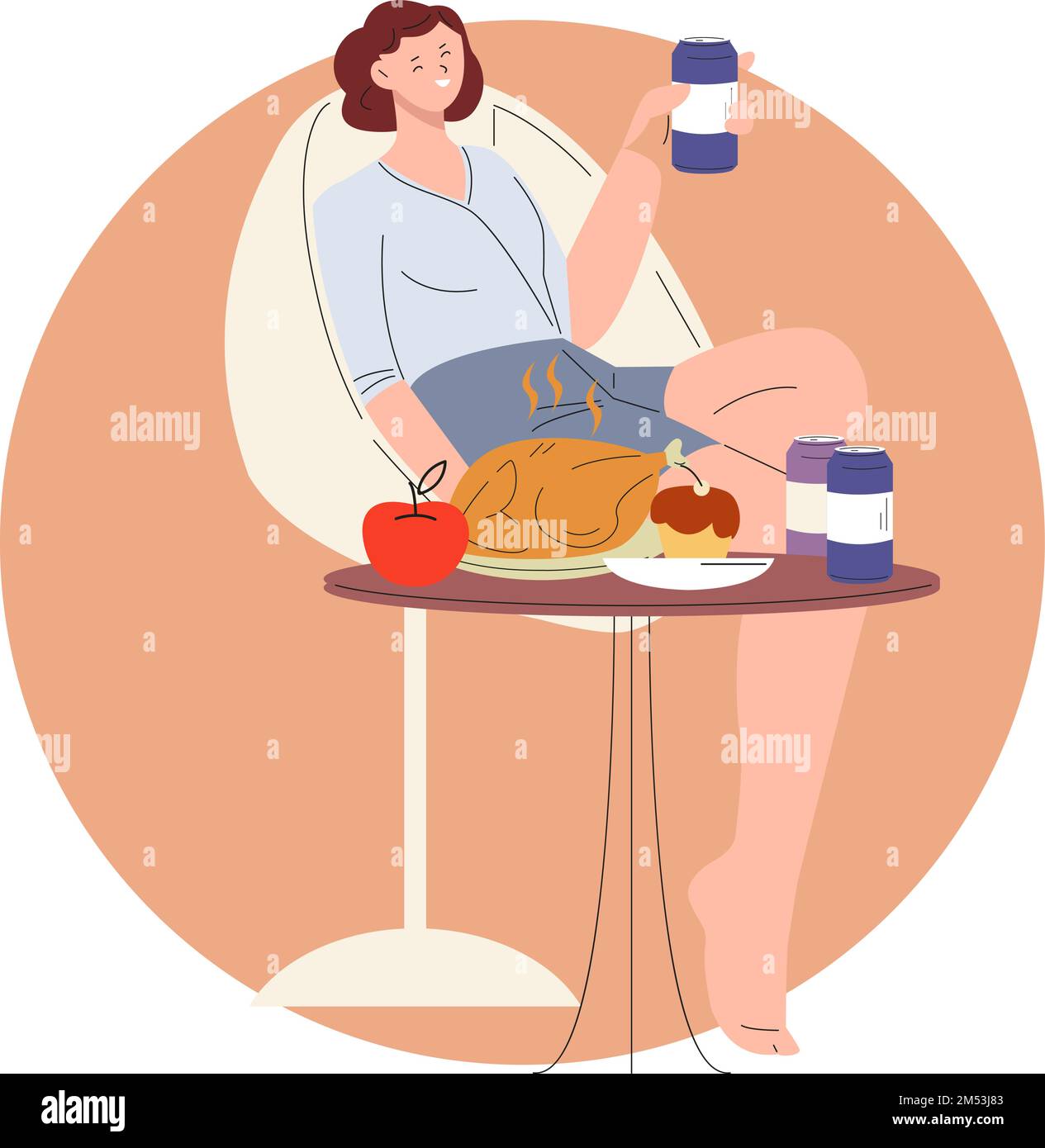 Overeating overdrinking concept. Happy woman drink beer or lemonade, eating chicken, cake and fruits in one time. Stress or relax, food addiction Stock Vector