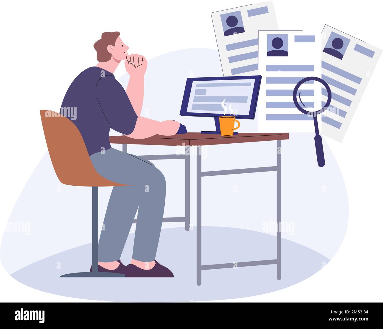 HR manager looking CV online form and searching employee. Businessman working at computer, remote boss and job. Vector recruiting concept Stock Vector
