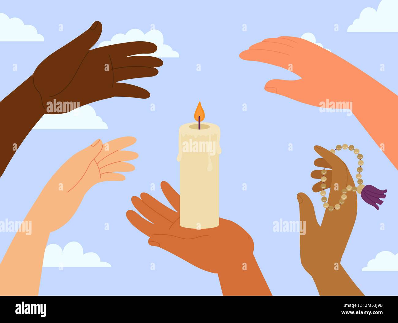 Hands saving holy fire from wind. Hand hold wax candle with flame, international support and saving. People together vector metaphor, memory and Stock Vector